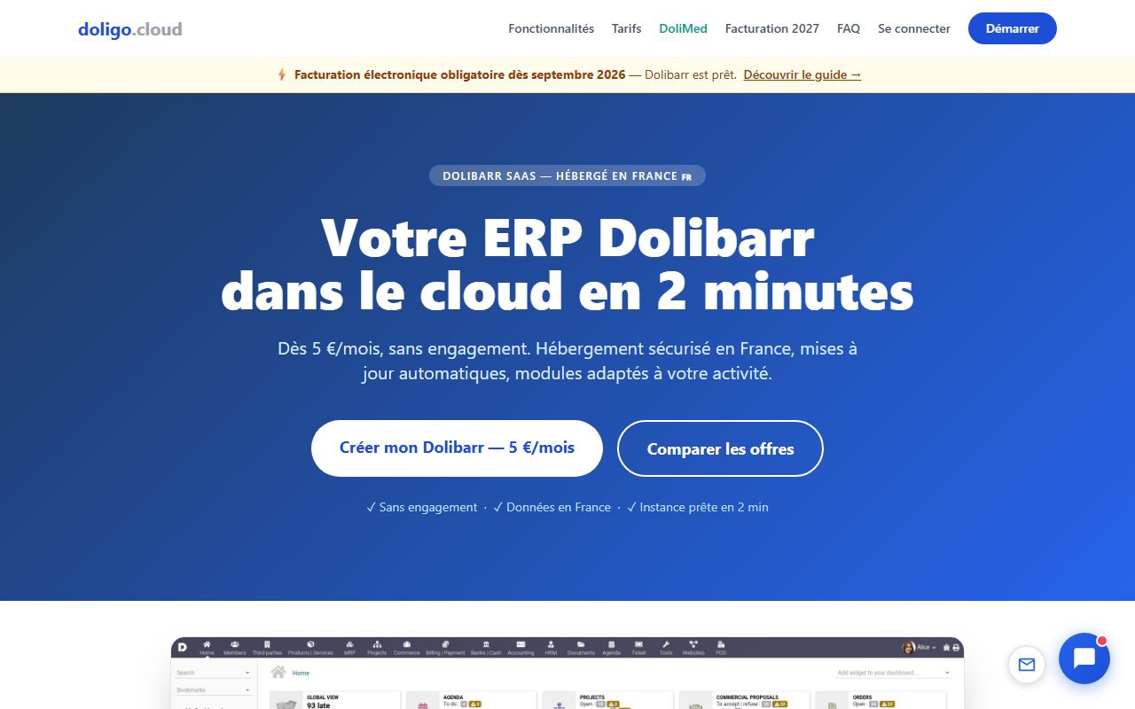Dolibarr cloud hébergé en France Doligo — ERP SaaS pour PME